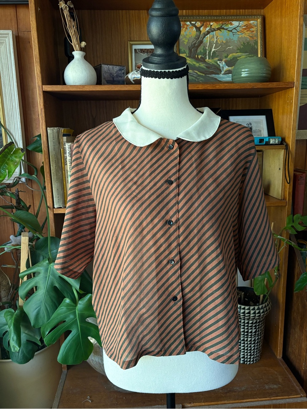 80s Vintage Stripe Peter Pan Collar Blouse M - Picture 2 of 6